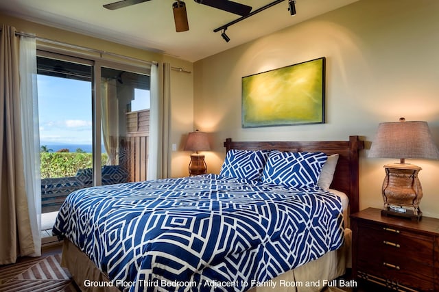 bedroom with ceiling fan, access to exterior, and track lighting