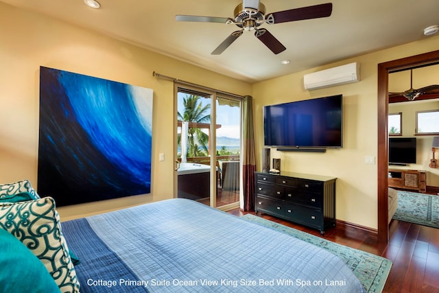 bedroom with an AC wall unit, access to exterior, ceiling fan, and dark hardwood / wood-style flooring