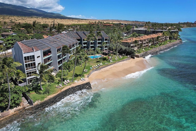 aerial view featuring a beach view and a water view