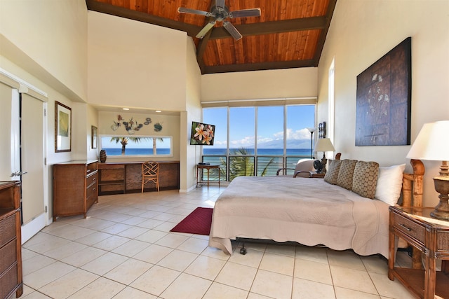 tiled bedroom with ceiling fan, wooden ceiling, and a high ceiling