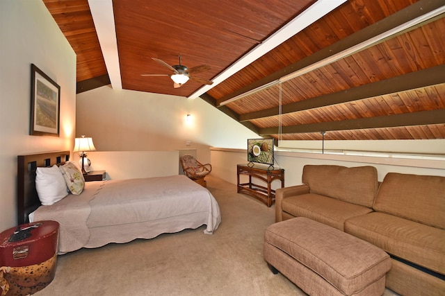 bedroom featuring vaulted ceiling with beams, ceiling fan, light colored carpet, and wood ceiling