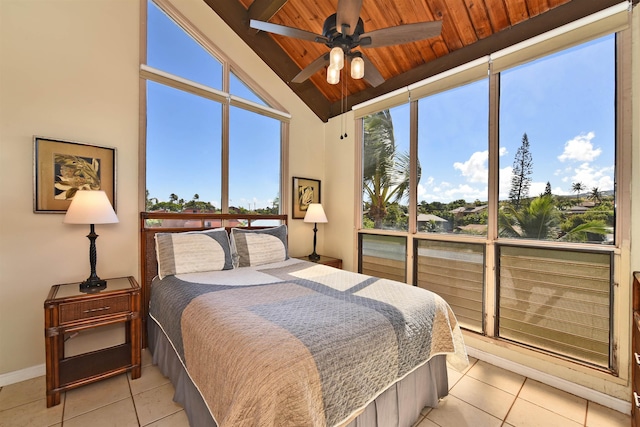 tiled bedroom featuring ceiling fan, lofted ceiling, and wood ceiling