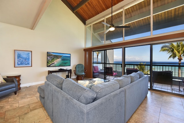 living room with high vaulted ceiling, ceiling fan, and wood ceiling