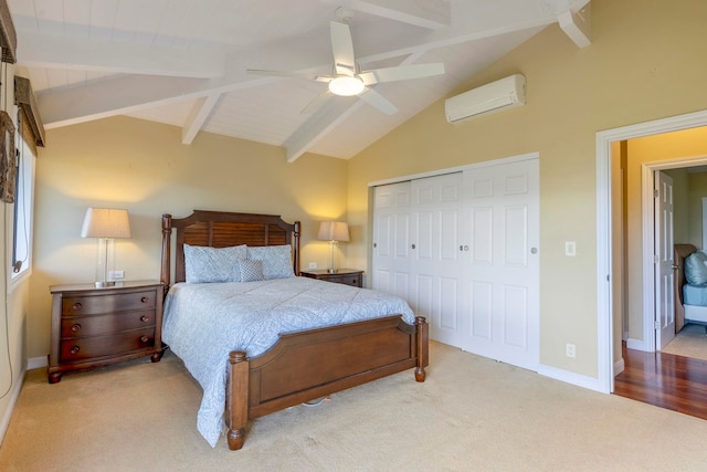 bedroom with light colored carpet, ceiling fan, and a wall mounted air conditioner