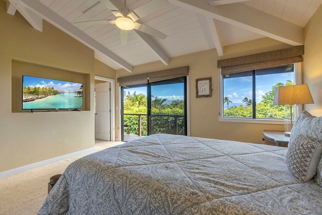 carpeted bedroom featuring ceiling fan, lofted ceiling with beams, and access to exterior