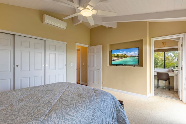 carpeted bedroom featuring lofted ceiling with beams, a closet, ceiling fan, and a wall mounted AC