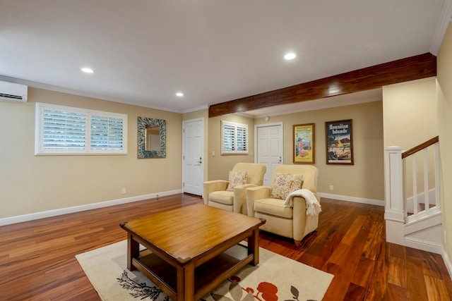 living room with dark hardwood / wood-style flooring, a wall mounted air conditioner, and beam ceiling