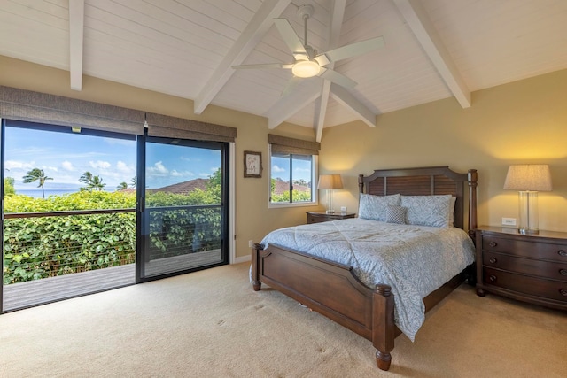 bedroom featuring light colored carpet, ceiling fan, lofted ceiling with beams, and access to exterior