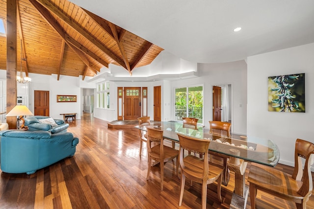 dining space with wood ceiling, an inviting chandelier, high vaulted ceiling, hardwood / wood-style flooring, and beamed ceiling