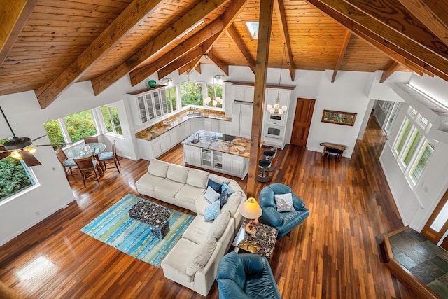 living room featuring vaulted ceiling with beams, wood ceiling, ceiling fan with notable chandelier, and dark hardwood / wood-style floors