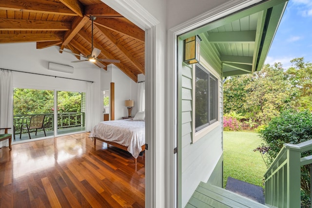 bedroom with hardwood / wood-style floors, lofted ceiling with beams, access to exterior, ceiling fan, and wood ceiling