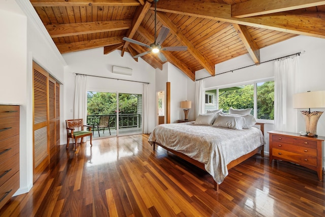 bedroom with beam ceiling, high vaulted ceiling, wooden ceiling, dark hardwood / wood-style flooring, and access to exterior