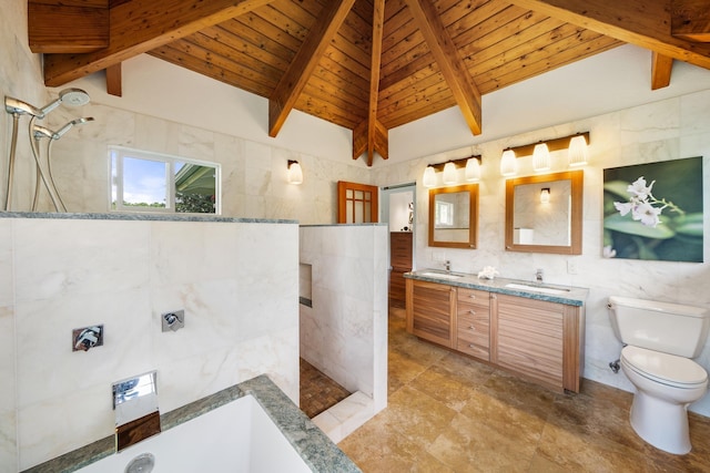 bathroom featuring wood ceiling, a tile shower, tile walls, and vaulted ceiling with beams