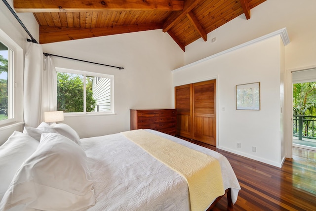 bedroom with vaulted ceiling with beams, access to exterior, dark wood-type flooring, wooden ceiling, and a closet