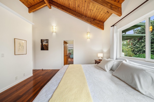 bedroom featuring high vaulted ceiling, dark wood-type flooring, wood ceiling, and beam ceiling