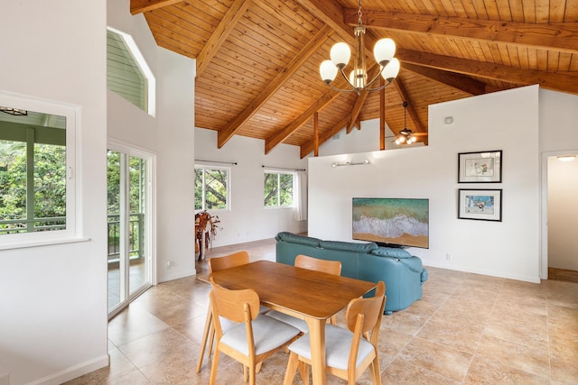 dining space featuring an inviting chandelier, wood ceiling, beam ceiling, and high vaulted ceiling