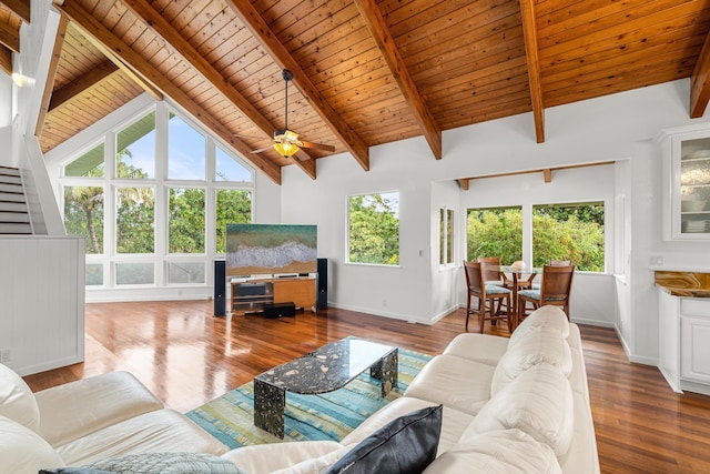 living room featuring beamed ceiling, wood-type flooring, and a wealth of natural light