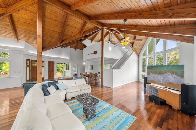 living room with dark wood-type flooring, wooden ceiling, and ceiling fan