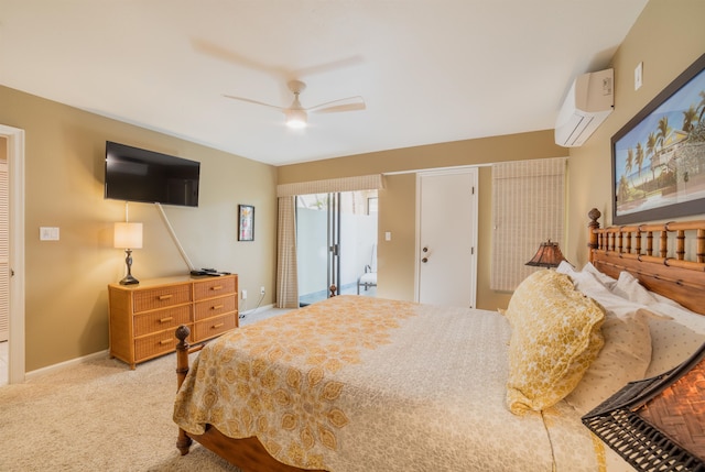 carpeted bedroom featuring ceiling fan and a wall mounted AC