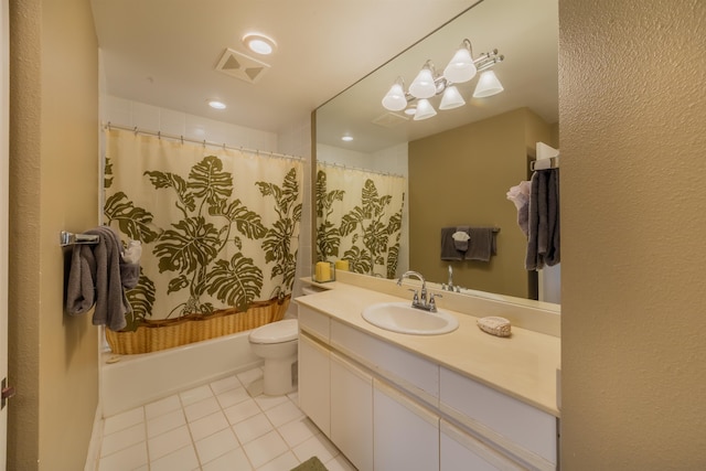 full bathroom with shower / bath combination with curtain, tile flooring, toilet, and large vanity