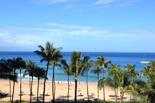 view of water feature featuring a beach view