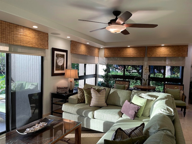 living room with ceiling fan