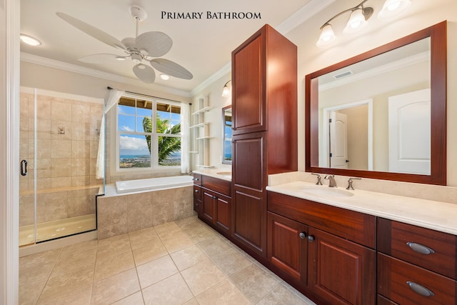 bathroom featuring vanity, crown molding, tile patterned flooring, ceiling fan, and independent shower and bath