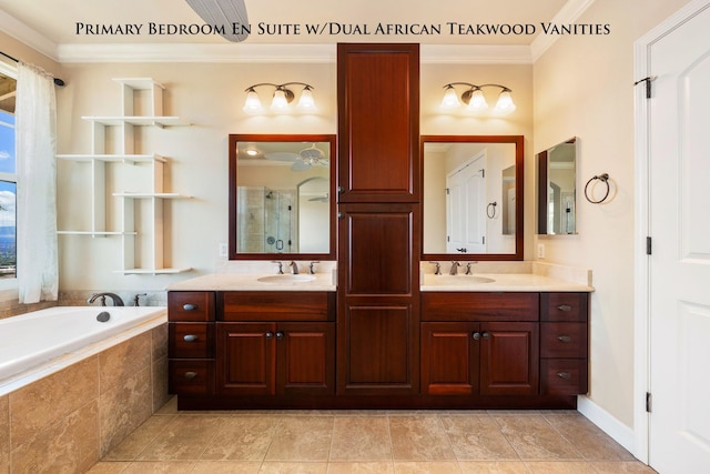 bathroom with tile patterned floors, vanity, ornamental molding, and plus walk in shower