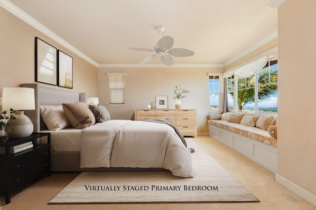 carpeted bedroom featuring ceiling fan and ornamental molding