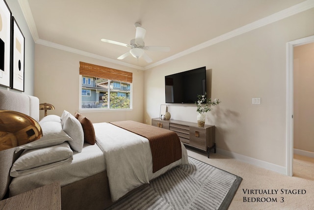 carpeted bedroom with ceiling fan and crown molding