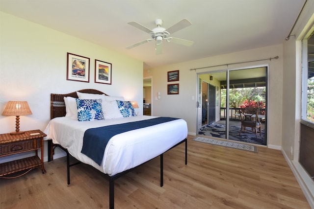 bedroom with baseboards, light wood-type flooring, access to exterior, and ceiling fan