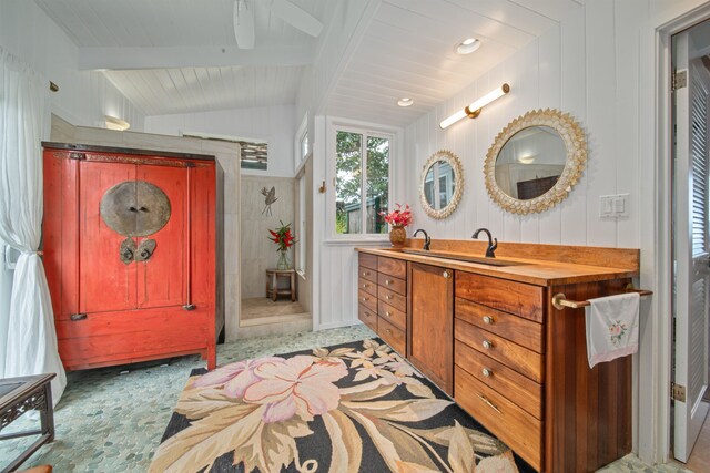 bathroom featuring vaulted ceiling with beams, vanity, ceiling fan, and wood ceiling