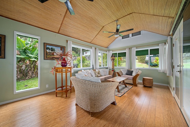 sunroom with ceiling fan and wood ceiling