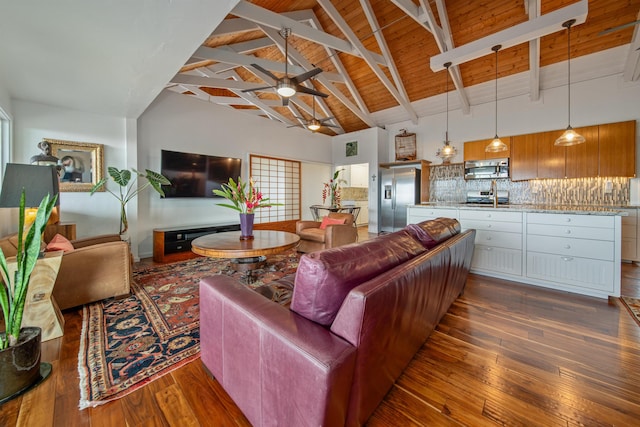 living room featuring dark wood-type flooring, wooden ceiling, beam ceiling, high vaulted ceiling, and ceiling fan