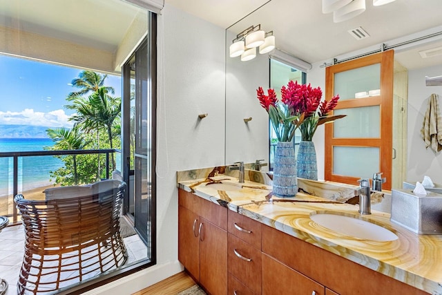 bathroom with a water view and vanity