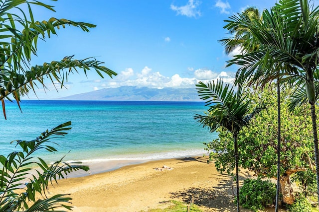 view of water feature featuring a beach view and a mountain view