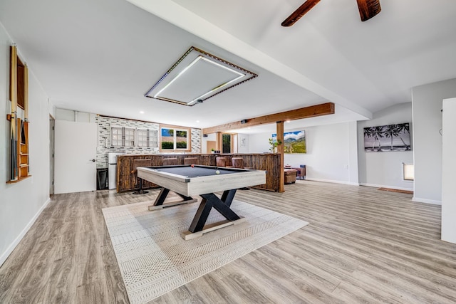 playroom featuring a bar, billiards, light wood-style flooring, and baseboards