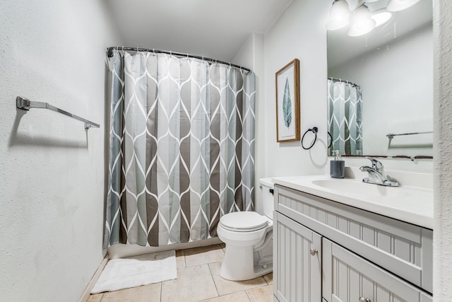 full bath with toilet, a shower with curtain, tile patterned flooring, and vanity