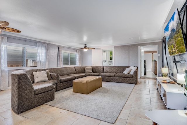 living room featuring light tile patterned floors, ceiling fan, and cooling unit