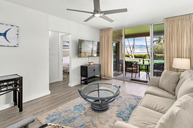 living room featuring ceiling fan and light wood-type flooring