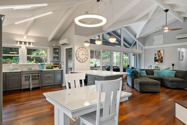 dining room featuring a wall mounted AC, dark wood-style floors, high vaulted ceiling, and beamed ceiling
