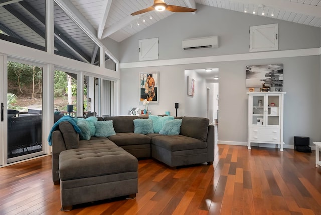 living area with a wall mounted AC, beam ceiling, a ceiling fan, baseboards, and dark wood-type flooring