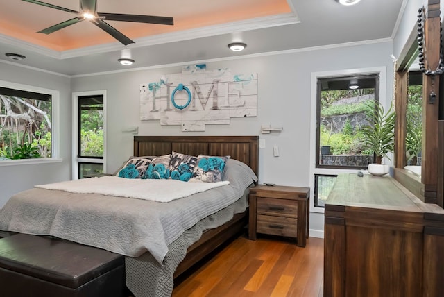 bedroom with a ceiling fan, wood finished floors, ornamental molding, and a raised ceiling