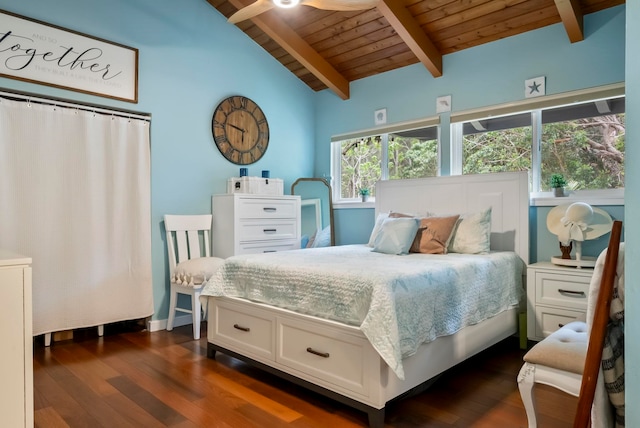 bedroom featuring vaulted ceiling with beams, wooden ceiling, and dark wood finished floors