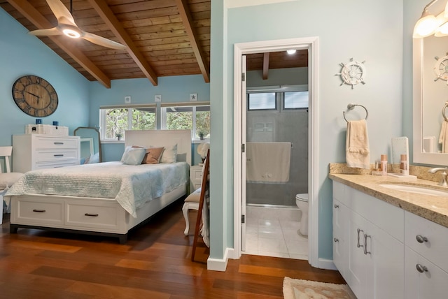 bedroom featuring dark wood-style flooring, wooden ceiling, lofted ceiling with beams, a sink, and ensuite bath