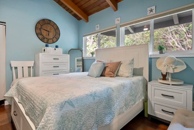 bedroom featuring vaulted ceiling with beams, wooden ceiling, and dark wood-type flooring