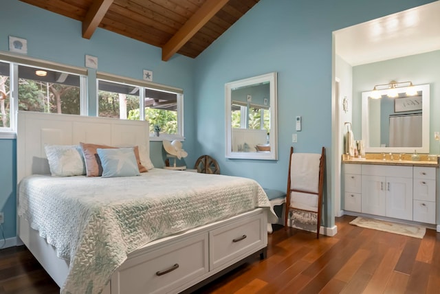 bedroom featuring connected bathroom, wood ceiling, a sink, lofted ceiling with beams, and dark wood-type flooring