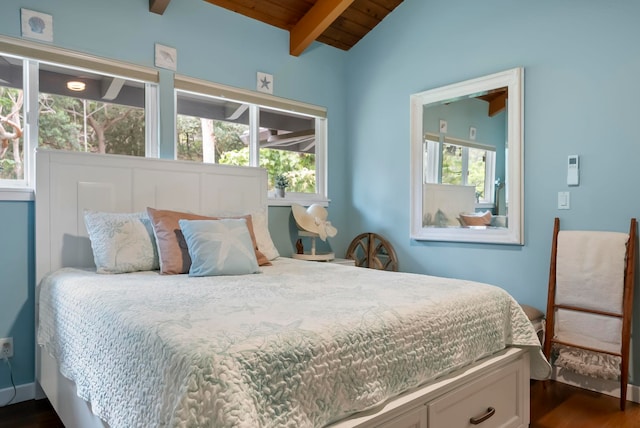 bedroom with lofted ceiling with beams, multiple windows, wooden ceiling, and dark wood finished floors