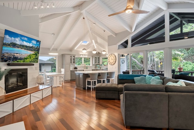 living room featuring plenty of natural light, beam ceiling, and dark wood-type flooring