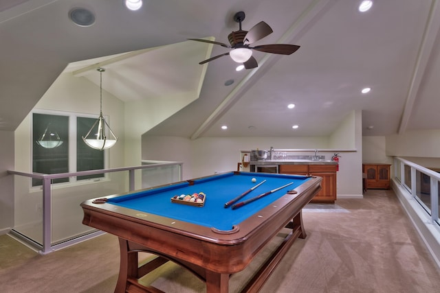 game room with billiards, ceiling fan, and light carpet